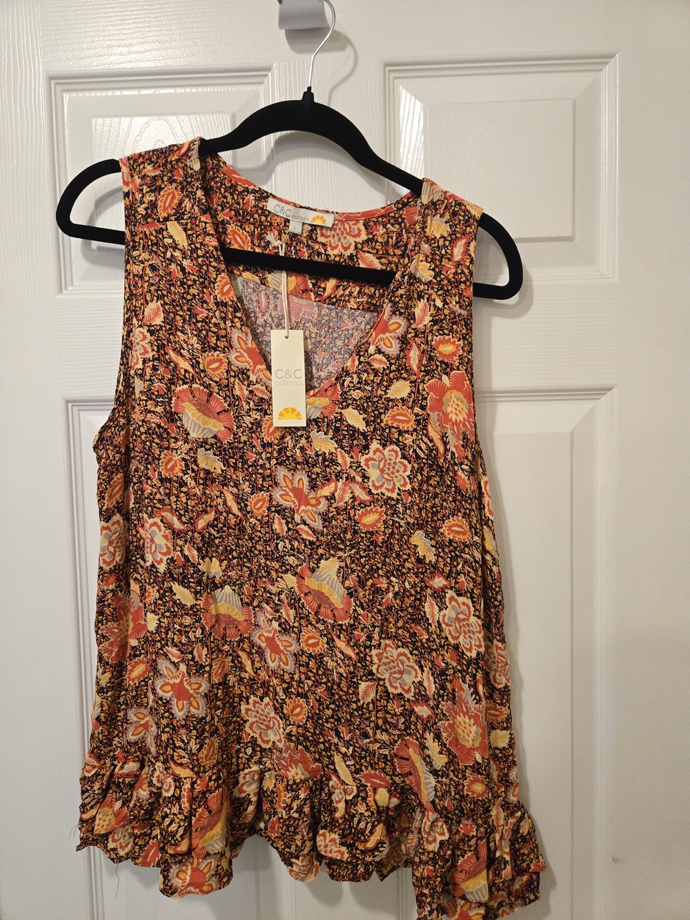 C&C California Floral Ruffle Hem Sleeveless Top - Orange, Yellow, Brown